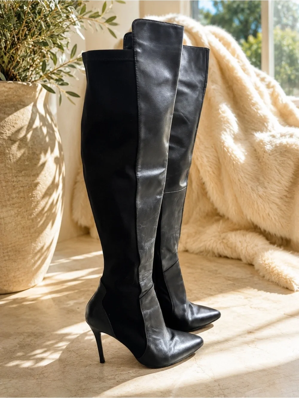 Charles David Black Leather Over the Knee Boots Size 8 Pointed Toe Stiletto